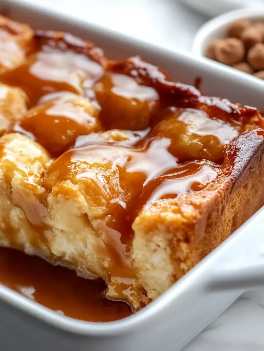 A close-up view of a creamy dessert topped with a glossy caramel sauce in a white baking dish.