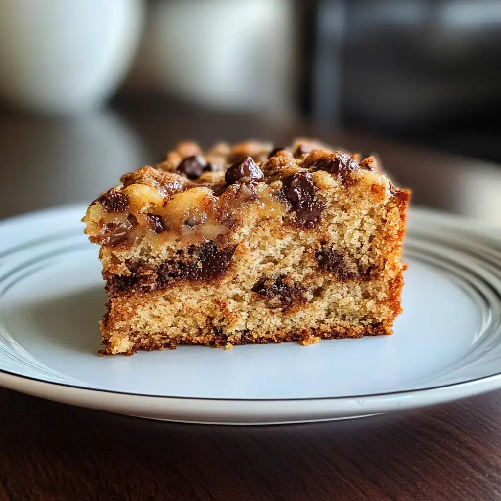 A slice of chocolate chip cake is placed on a white plate, showcasing a moist, layered texture with chocolate chips on top.