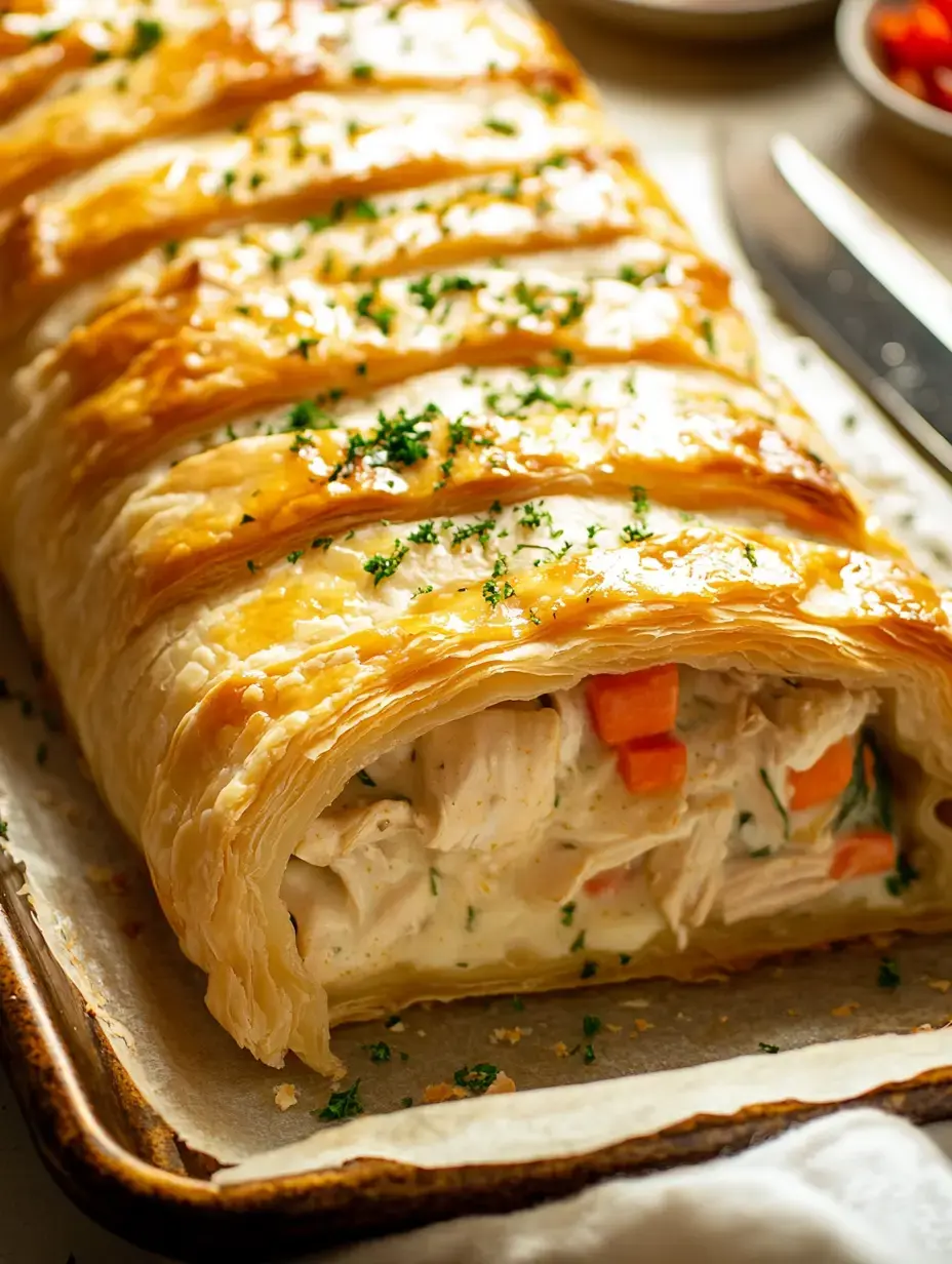 A golden, flaky pastry filled with creamy chicken and vegetables, garnished with parsley, rests on a baking tray.