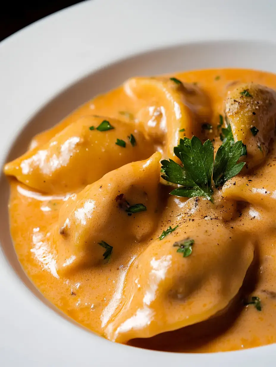 A plate of plump dumplings in a creamy orange sauce, garnished with fresh parsley.