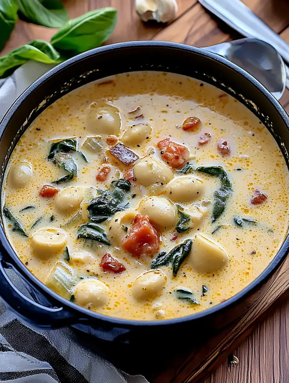 A creamy soup with gnocchi, spinach, and diced tomatoes in a black pot on a wooden surface.