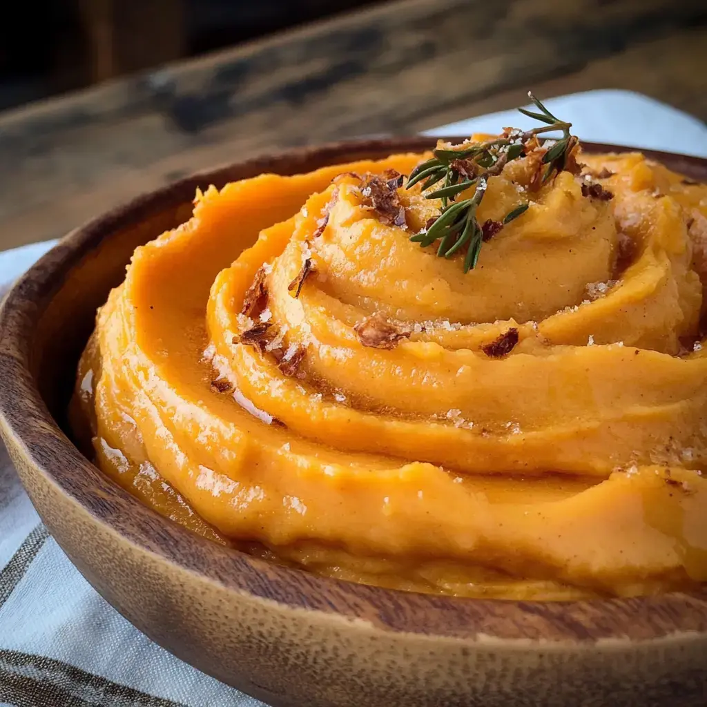 A wooden bowl filled with creamy, swirled orange mashed sweet potatoes, topped with herbs and seasonings.