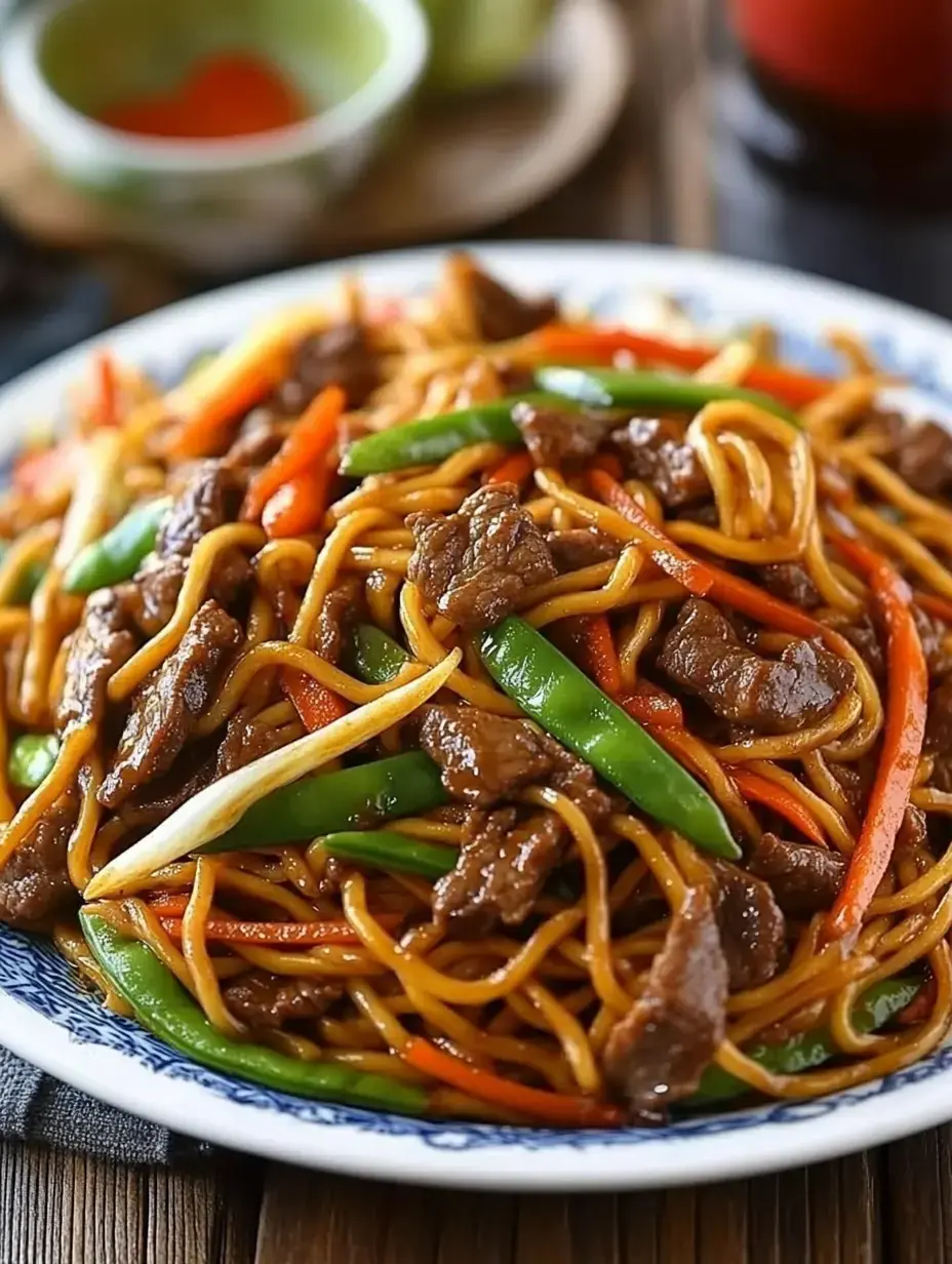 A close-up of a plate of stir-fried noodles with beef, green beans, and carrots.