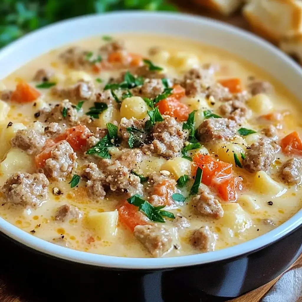 A close-up of a bowl of creamy soup with ground meat, diced potatoes, and colorful vegetables, garnished with fresh parsley.