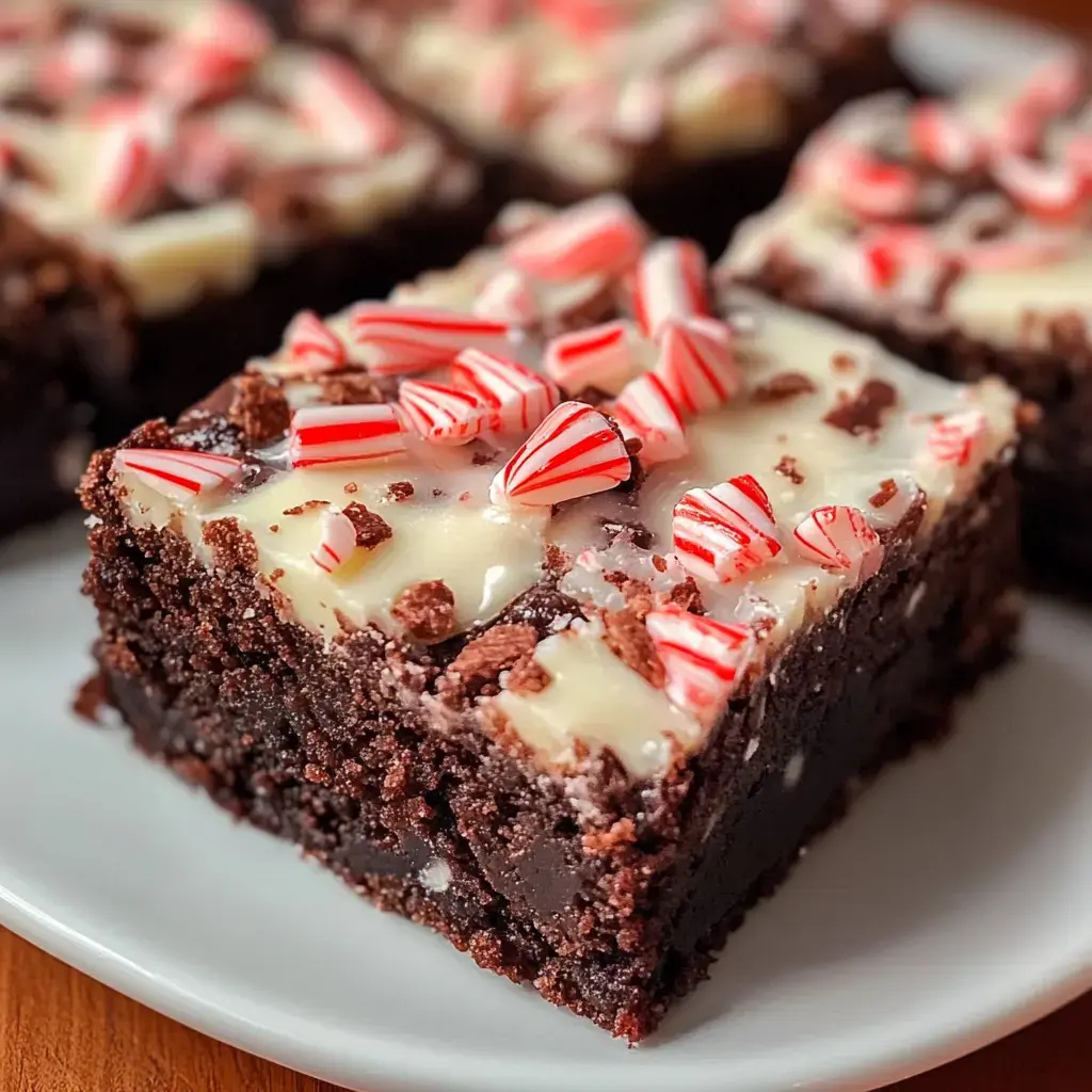 A close-up of a chocolate brownie topped with white frosting and crushed peppermint candy pieces.