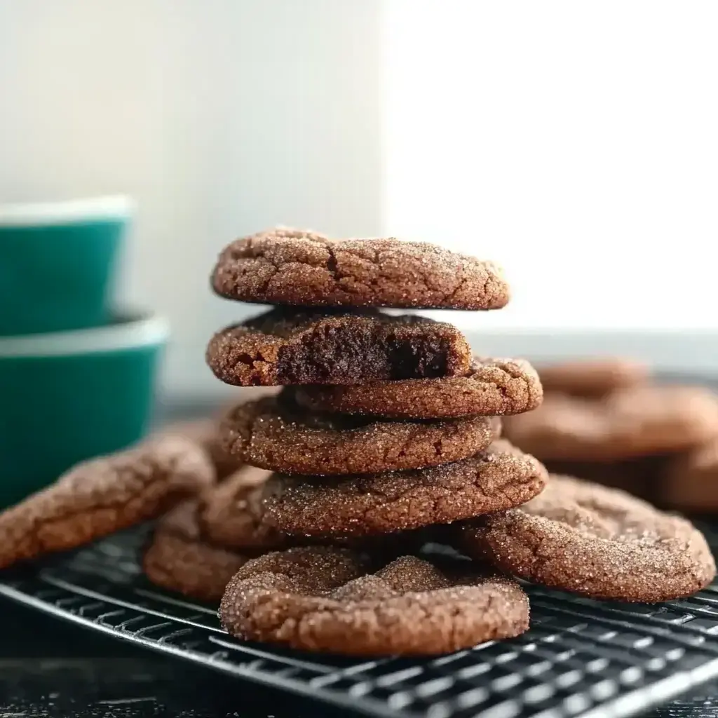 A stack of chocolate cookies, with one cookie having a bite taken out, sits on a cooling rack beside a blurred background of teal bowls.