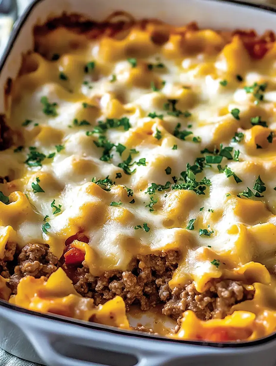 A baked pasta dish with layers of meat, tomato sauce, and melted cheese, garnished with chopped parsley.