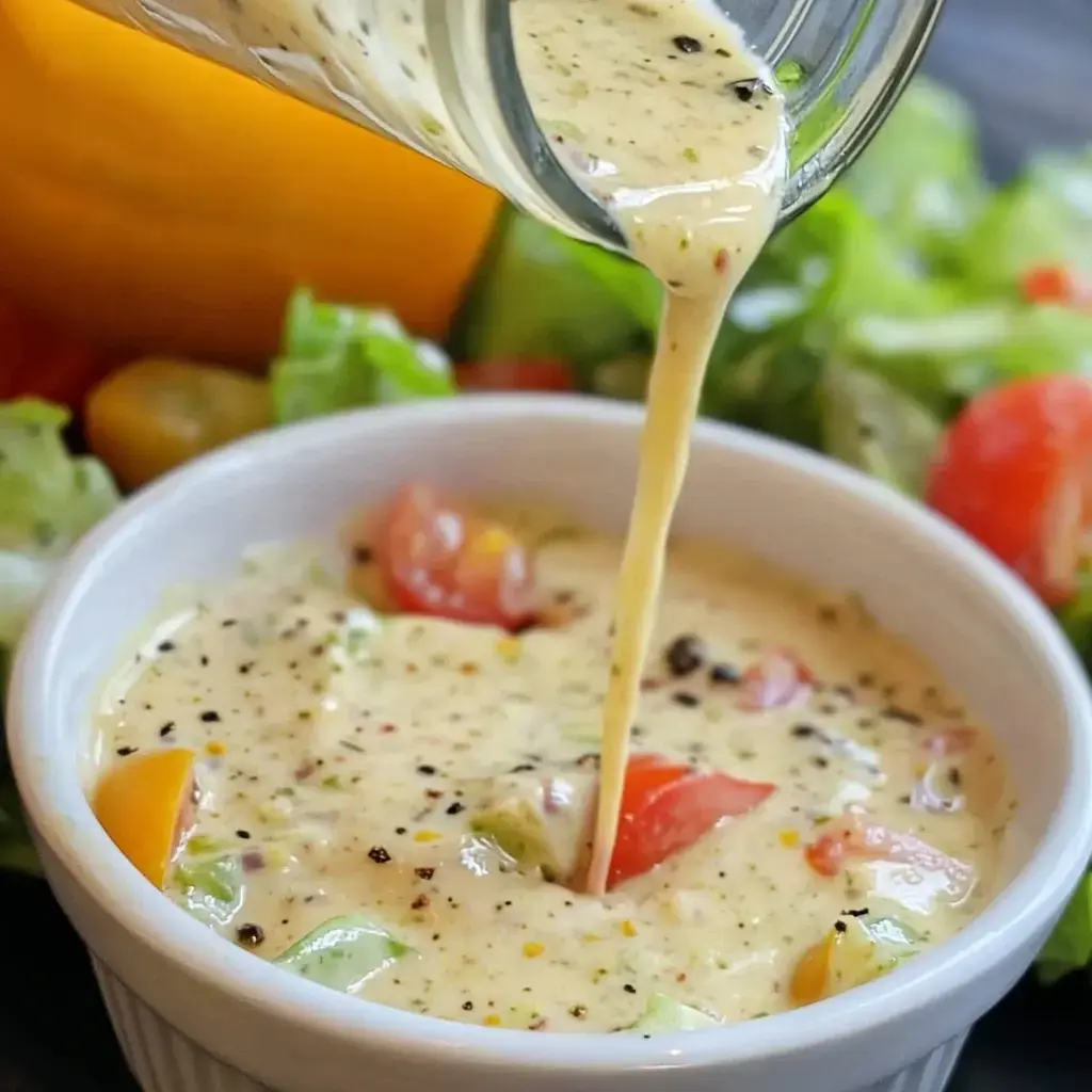 A creamy dressing is being poured into a bowl containing chopped vegetables, with a fresh salad in the background.