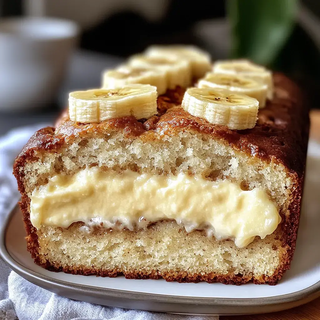 A sliced loaf cake topped with banana slices, revealing a creamy filling inside.