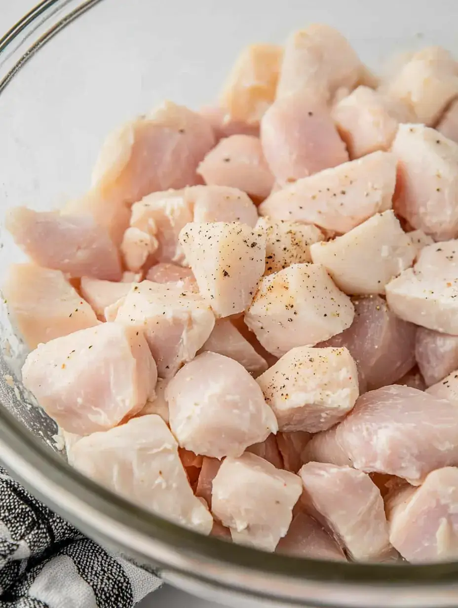 A bowl of cubed, raw chicken breast seasoned with black pepper.