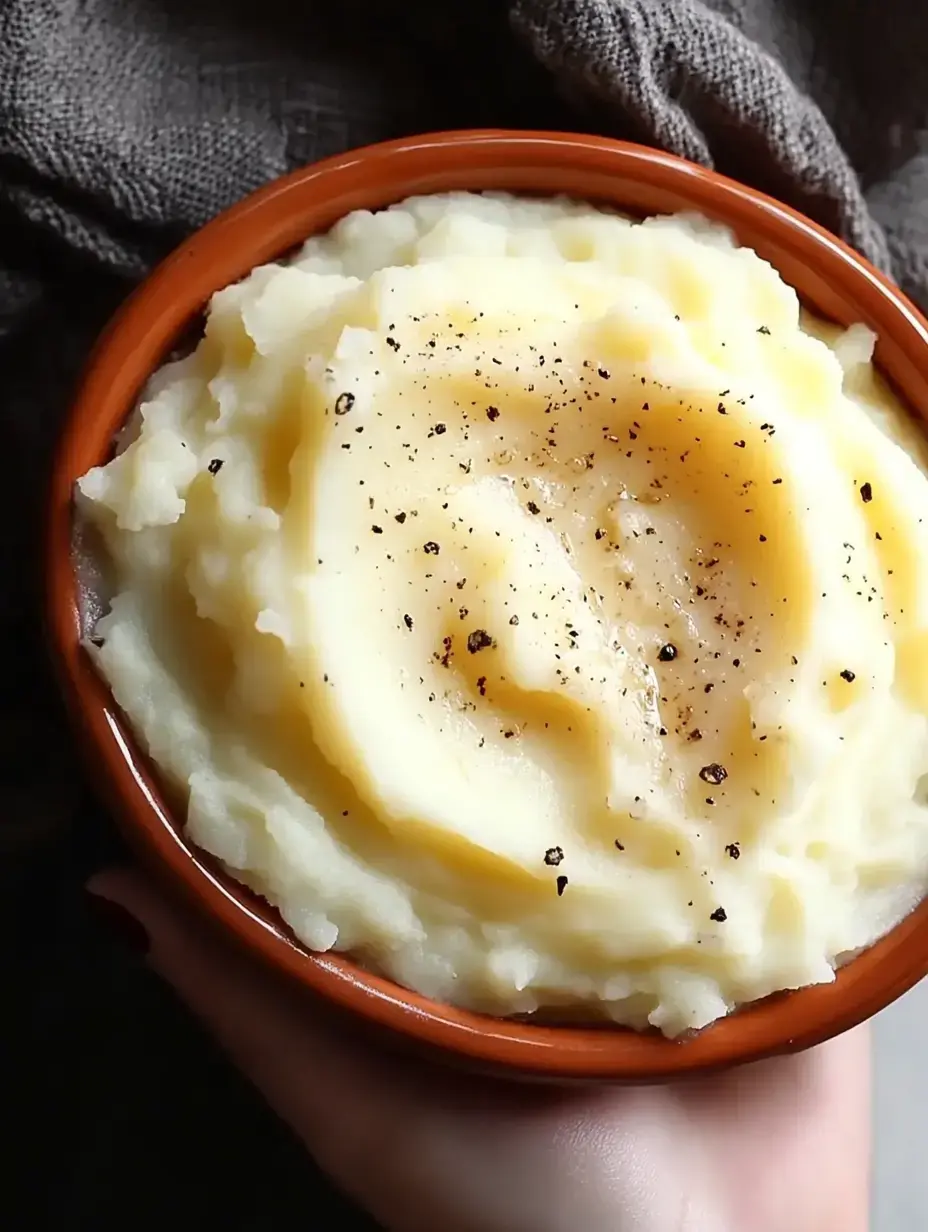 A hand holds a bowl of creamy mashed potatoes topped with a drizzle of butter and sprinkled with black pepper.