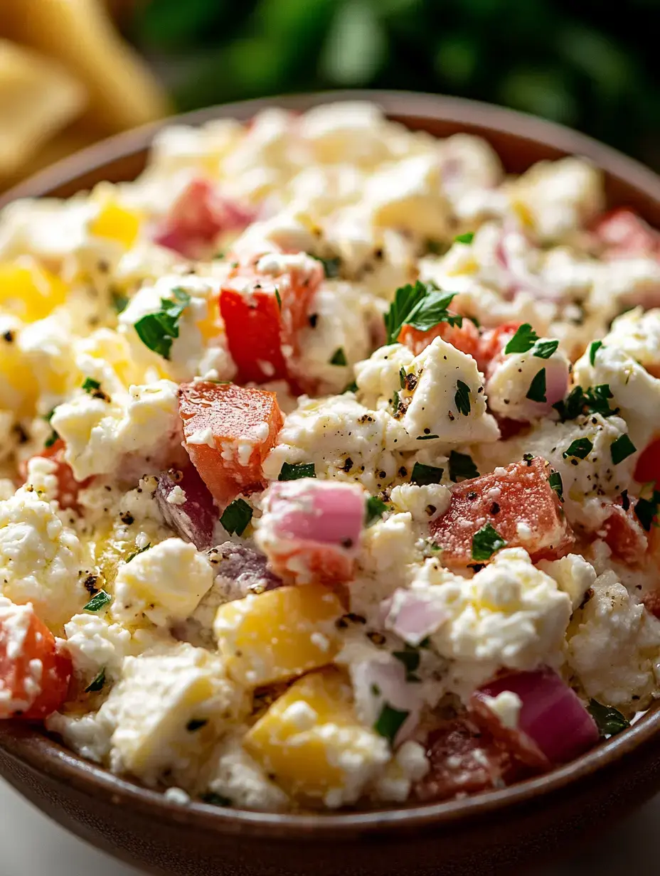 A bowl of mixed salad featuring cottage cheese, diced tomatoes, peppers, and herbs.