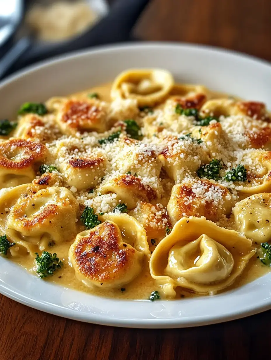 A close-up of a plate of tortellini in a creamy sauce with green broccoli and a sprinkle of grated cheese.