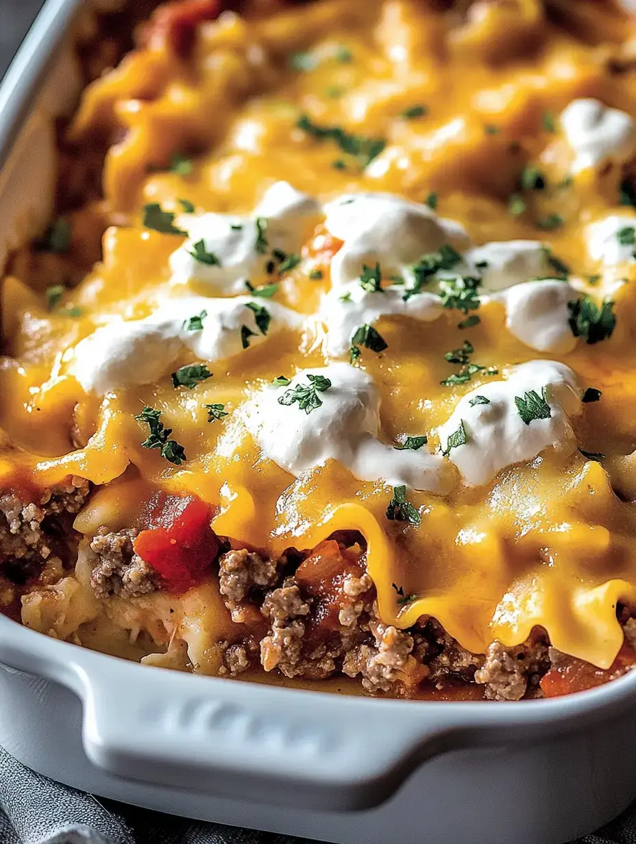 A close-up view of a baked lasagna topped with melted cheese, dollops of sour cream, and chopped parsley in a white dish.