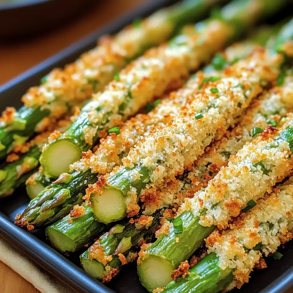 A close-up of roasted asparagus spears topped with golden, crispy breadcrumbs, arranged neatly on a dark serving platter.