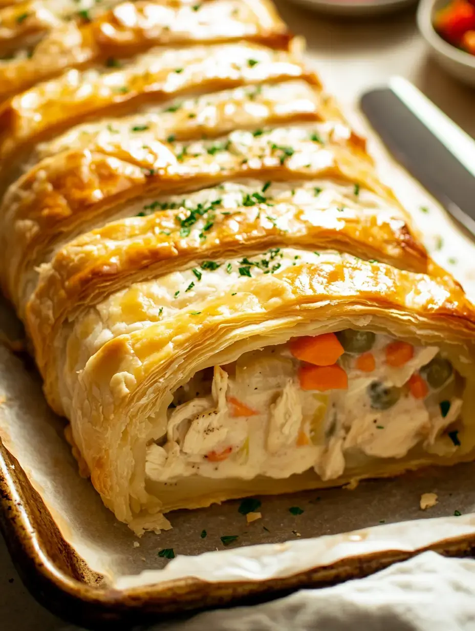 A golden-brown puff pastry roll filled with creamy chicken and vegetables, garnished with parsley, sits on a baking sheet.