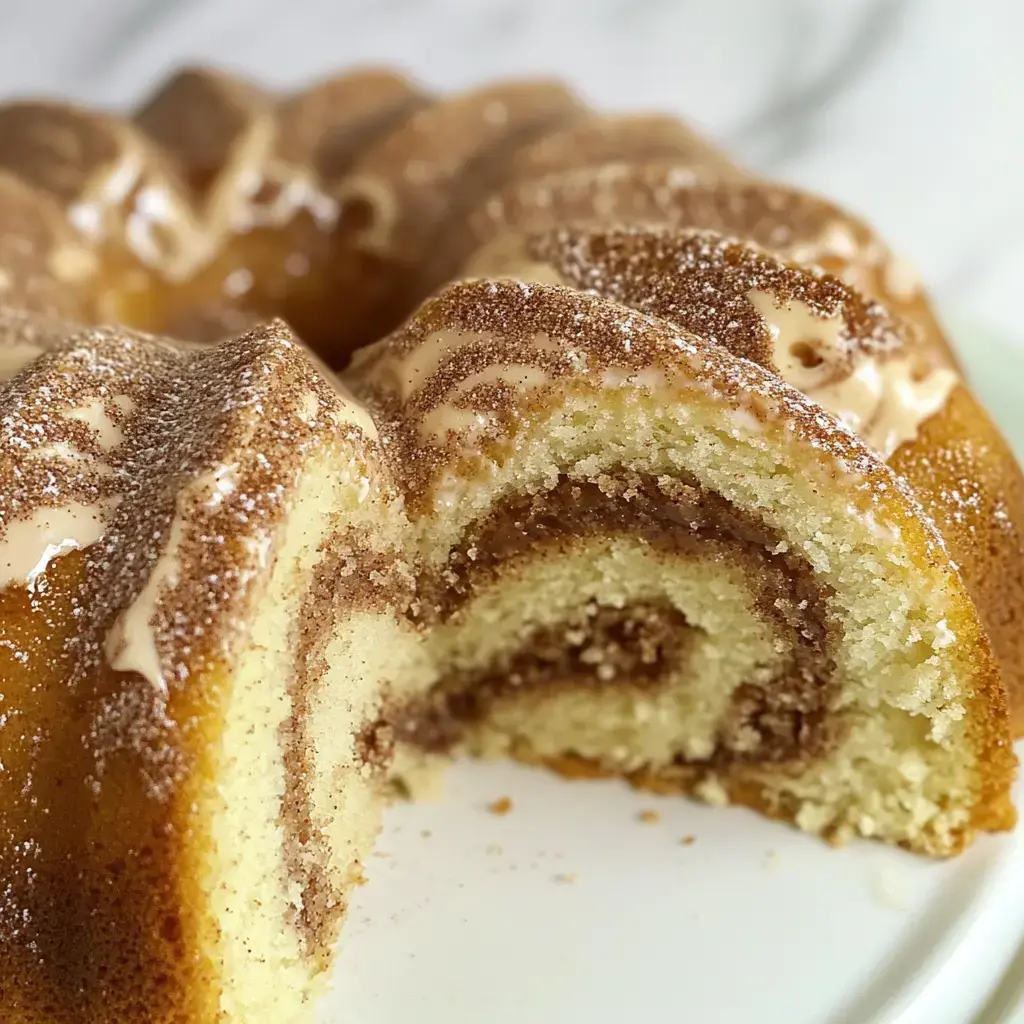 A sliced cinnamon swirl bundt cake topped with a light icing is displayed on a white plate.