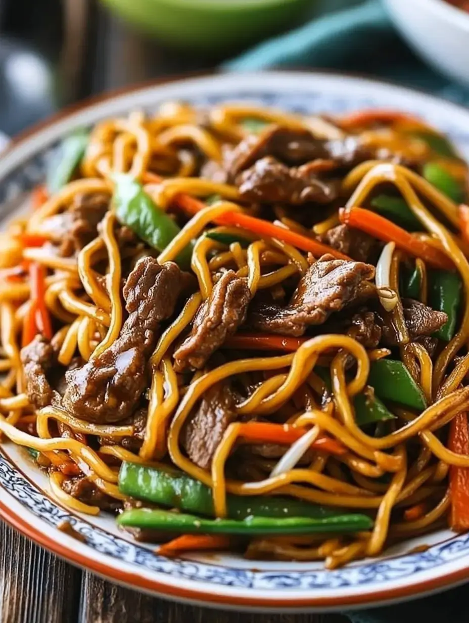 A plate of stir-fried noodles with beef, bell peppers, and carrots, garnished in a decorative bowl.