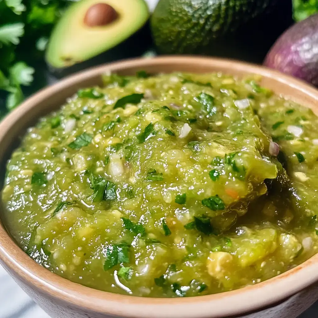 A bowl of green salsa topped with chopped cilantro, with avocados and red onions in the background.