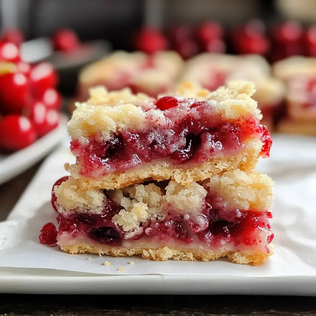 A close-up of two stacked cranberry dessert bars with a crumbly topping and a vibrant red filling, set on a white surface.