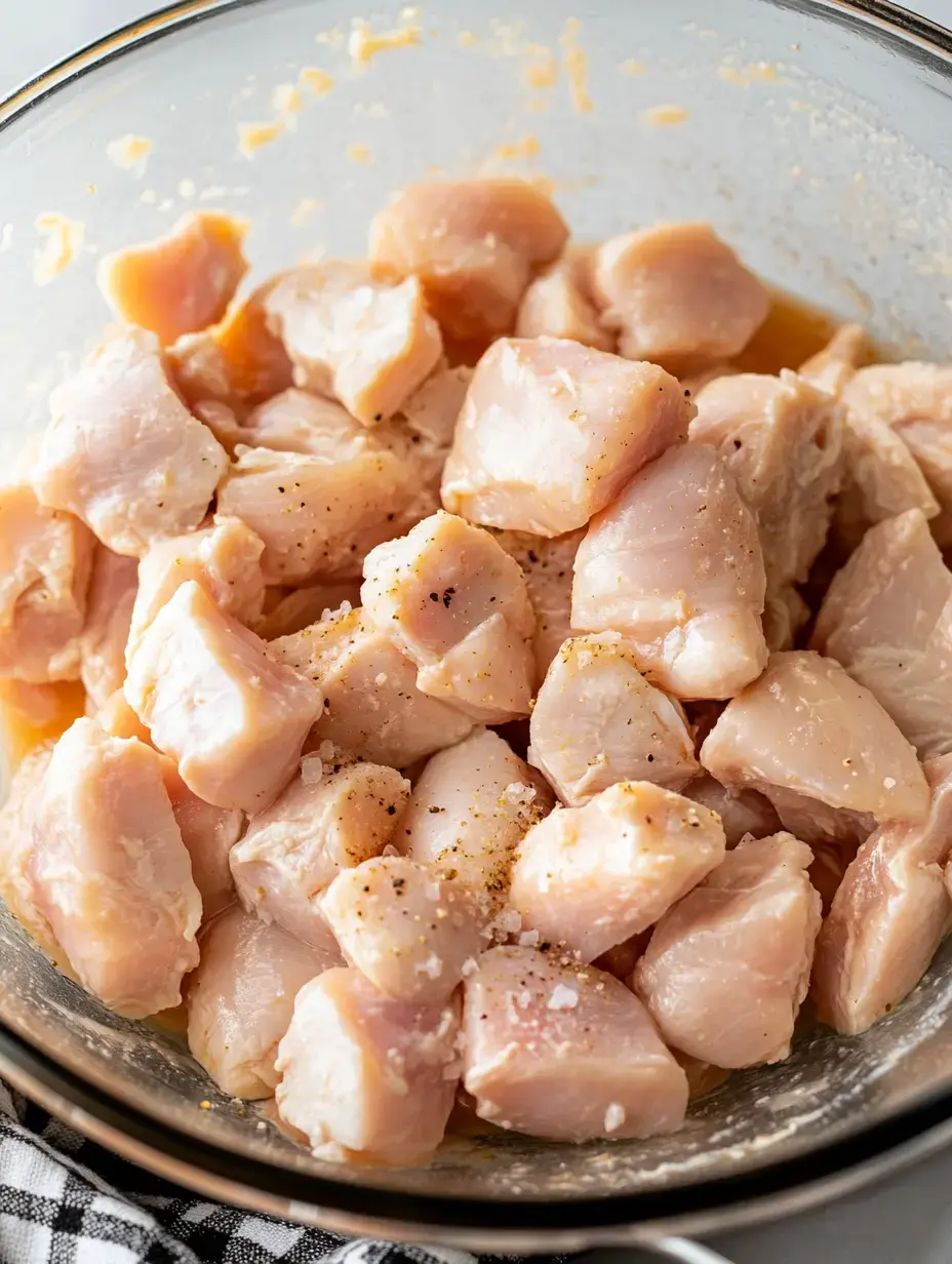 A glass bowl filled with marinated, cubed raw chicken pieces, seasoned with salt and pepper.