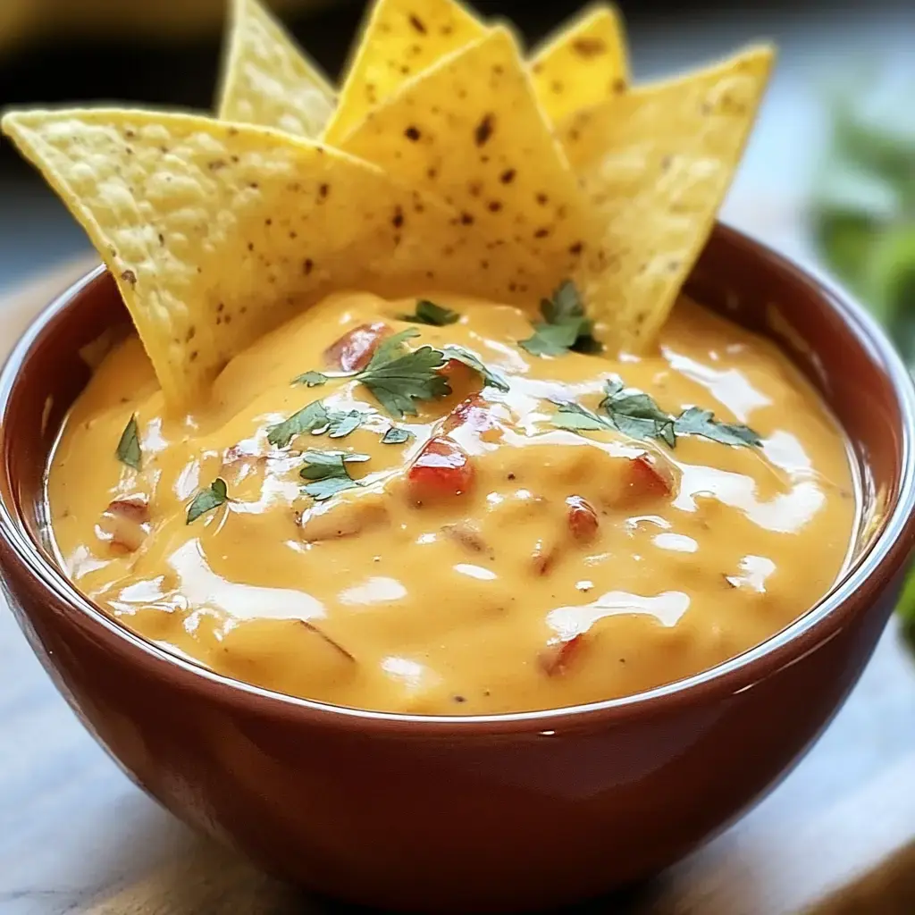 A bowl of creamy cheese dip garnished with chopped tomatoes and cilantro, accompanied by tortilla chips.