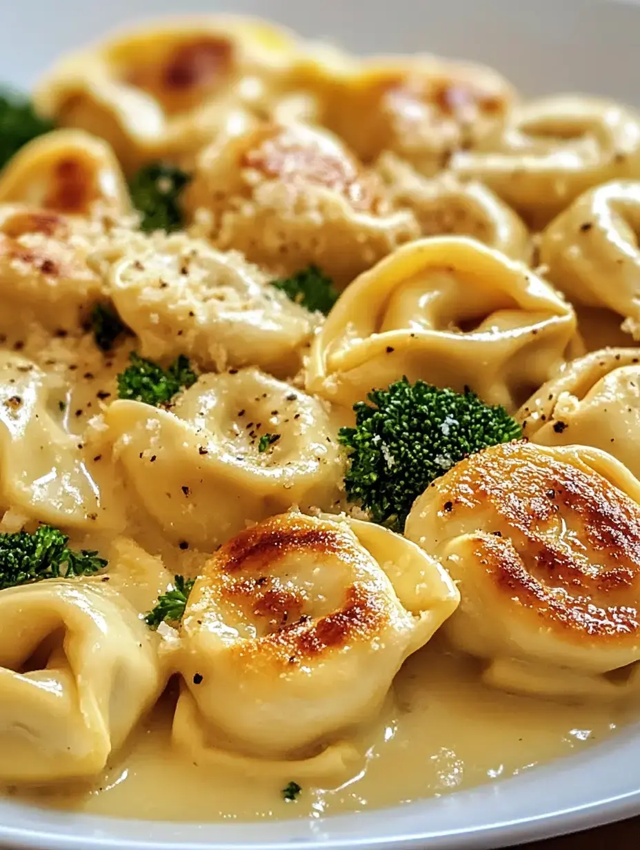 A close-up of tortellini pasta in a creamy sauce, garnished with broccoli and sprinkled with seasoning.