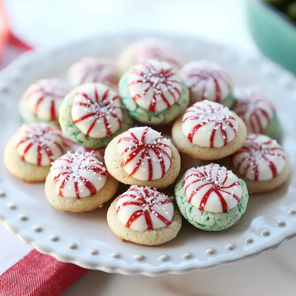 A plate of festive peppermint cookies, featuring a swirl design of red and white icing on top, garnished with powdered sugar.