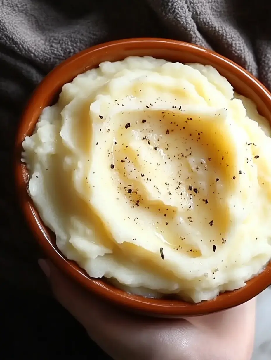 A person's hand holds a rustic bowl of creamy mashed potatoes, topped with a drizzle of butter and a sprinkle of black pepper.