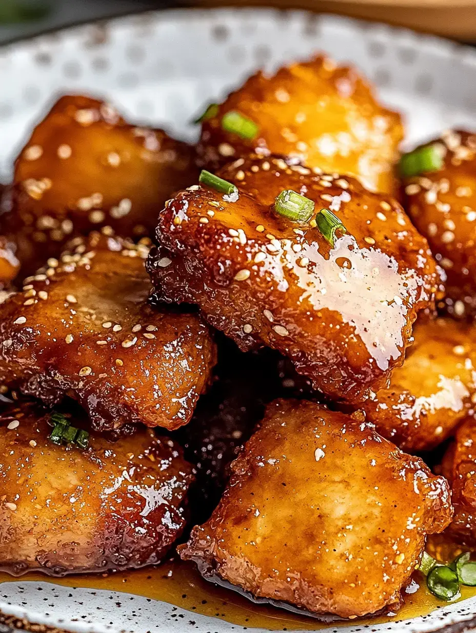 A close-up image of glazed, crispy tofu squares garnished with green onions and sesame seeds on a speckled plate.