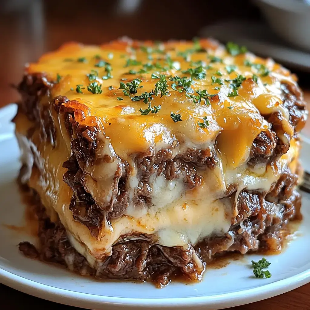 A slice of hearty lasagna with layers of beef, cheese, and herbs, served on a white plate.