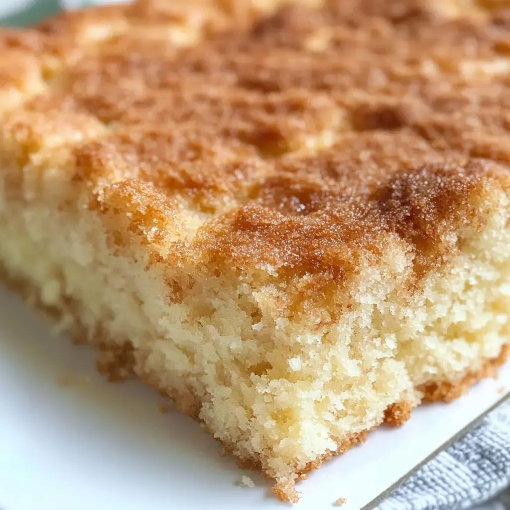 A close-up of a golden-brown cake with a crumbly top and soft interior, served on a white plate.