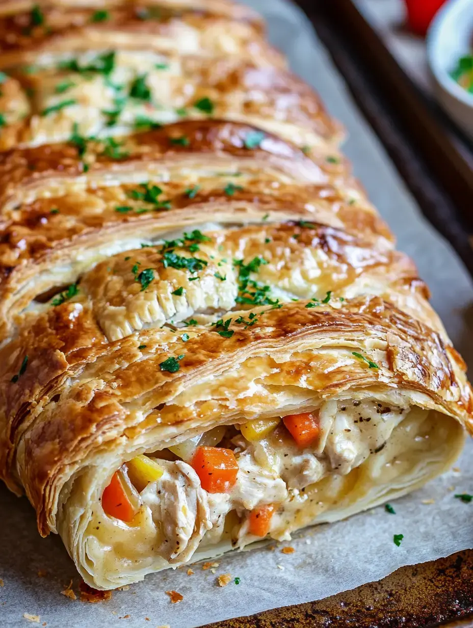 A golden-brown chicken and vegetable puff pastry roll, garnished with parsley, rests on parchment paper.