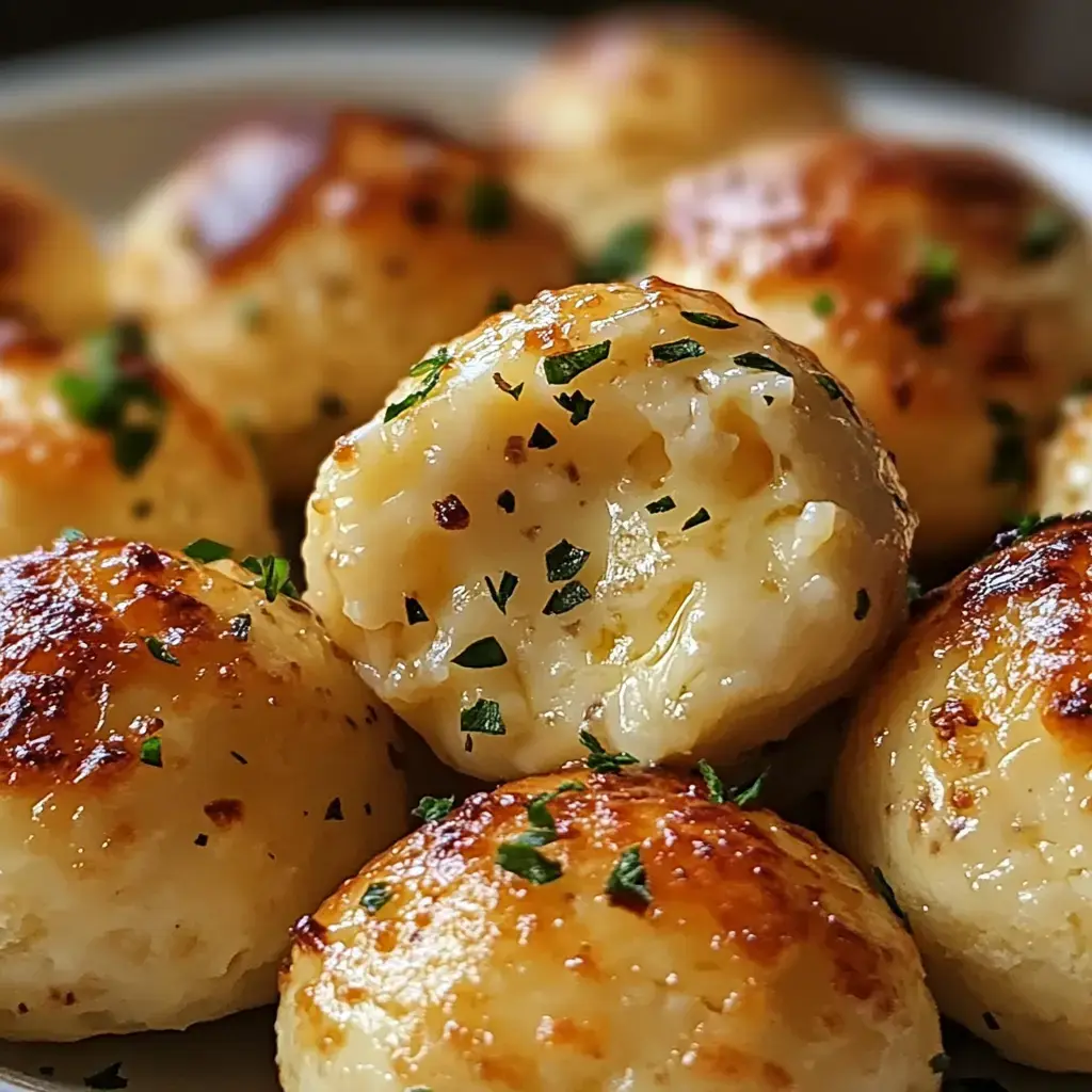 A close-up view of golden-brown, round dumplings topped with green herbs on a white plate.