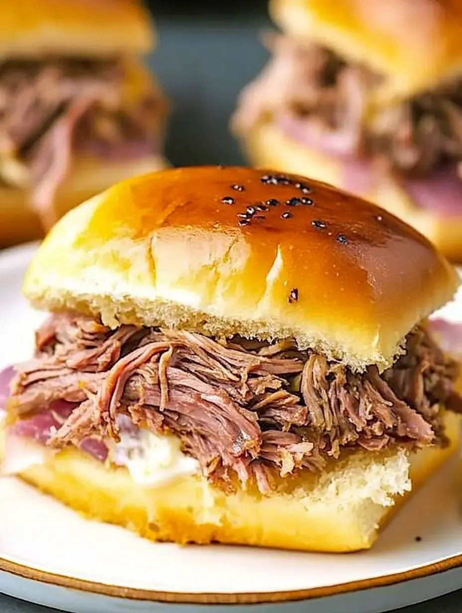 A close-up of a pulled beef sandwich with a glossy bun, served on a plate, with more sandwiches blurred in the background.