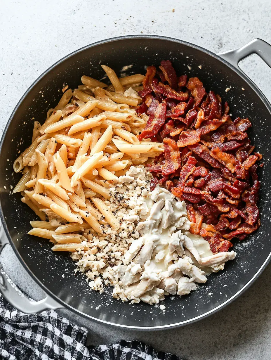 A skillet contains cooked penne pasta, chopped bacon, shredded chicken, and creamy sauce, arranged in separate sections.