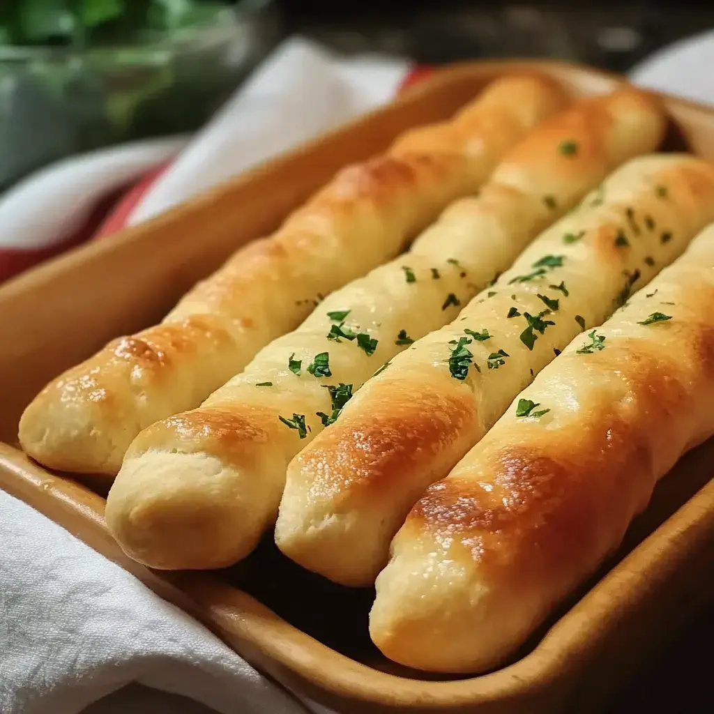 A wooden dish holds four golden-brown breadsticks topped with chopped parsley.