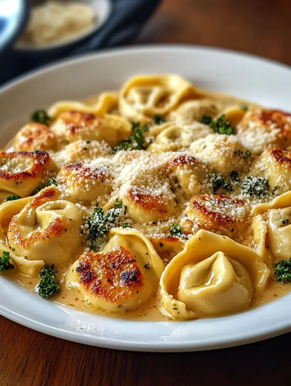 A white plate filled with golden-brown tortellini in a creamy sauce, garnished with parsley and sprinkled with grated cheese.