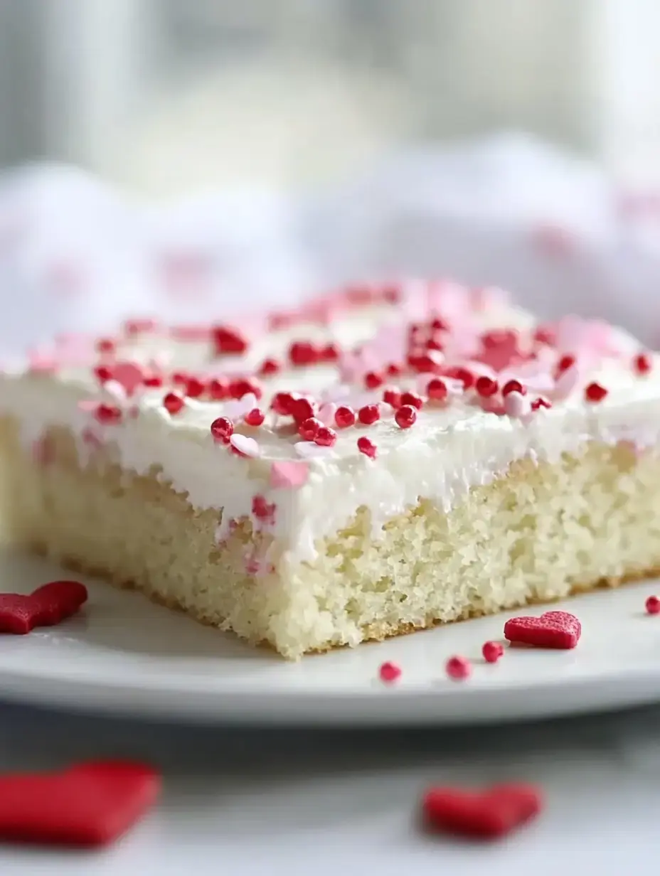 A slice of white frosted cake topped with pink and red sprinkles, served on a white plate with heart-shaped decorations.