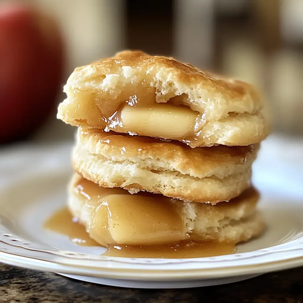 A stack of three flaky biscuit-like pastries filled with apple slices and drizzled with caramel sauce, served on a plate with a red apple in the background.