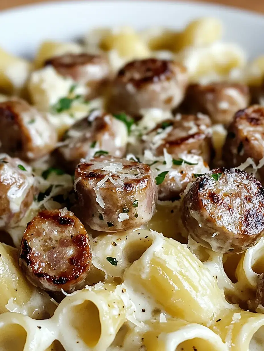 A close-up view of pasta mixed with creamy sauce and topped with sliced, grilled sausage and parsley.