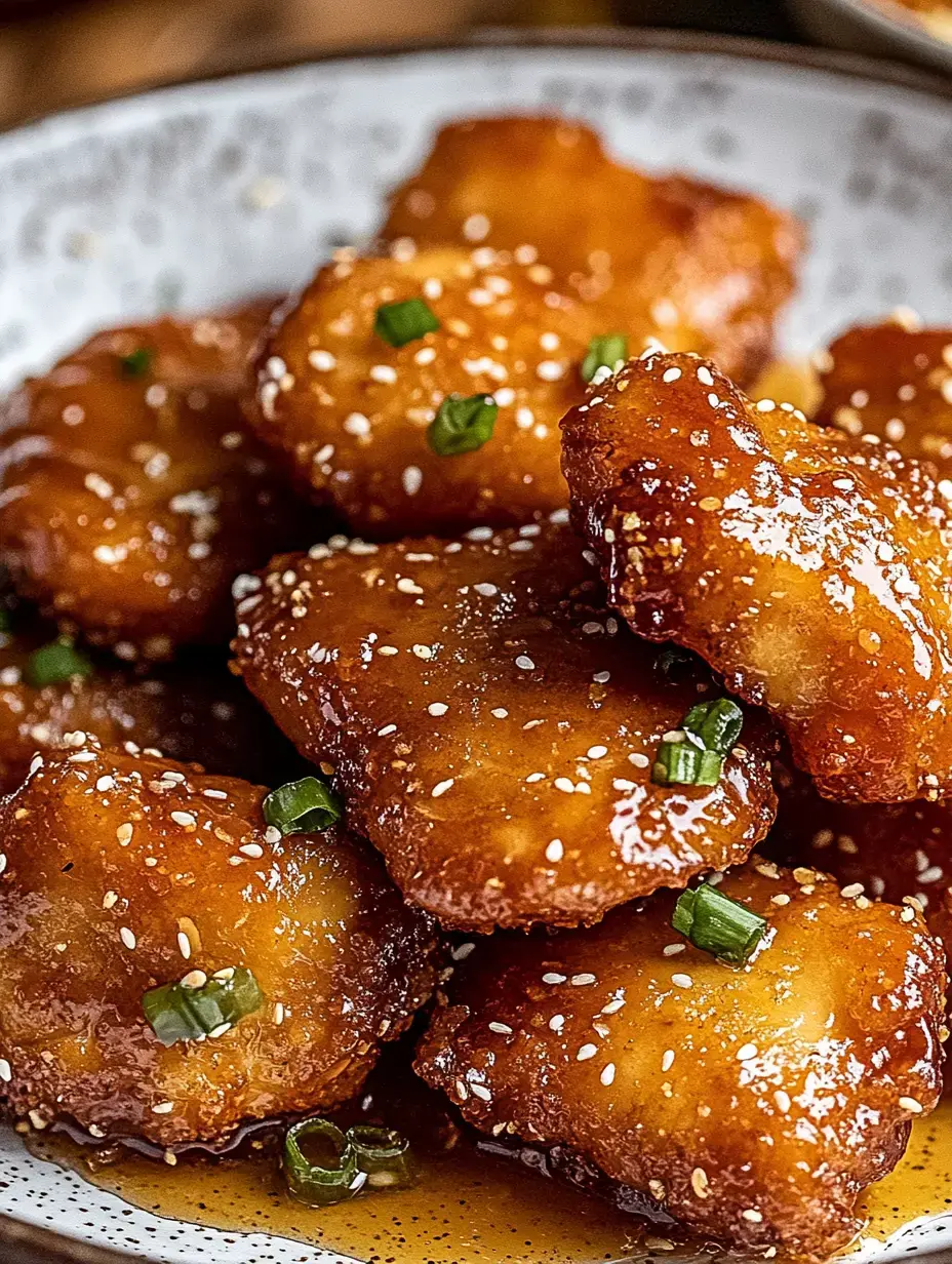 A close-up of golden-brown fried pieces of food coated in a glossy sauce, garnished with sesame seeds and chopped green onions on a decorative plate.