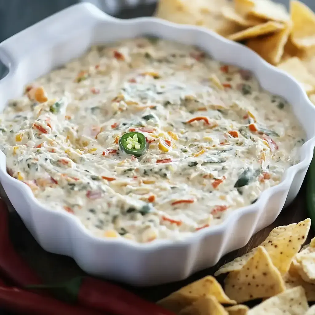 A creamy dip with colorful vegetables, garnished with a sliced jalapeño, accompanied by tortilla chips.