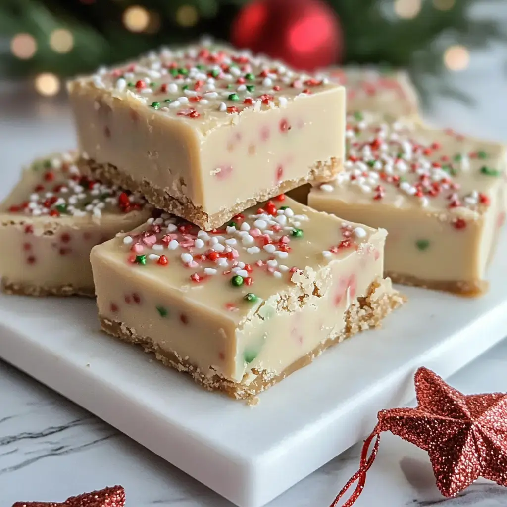 A platter of festive squares of holiday fudge topped with red, green, and white sprinkles, with a decorative star ornament nearby.