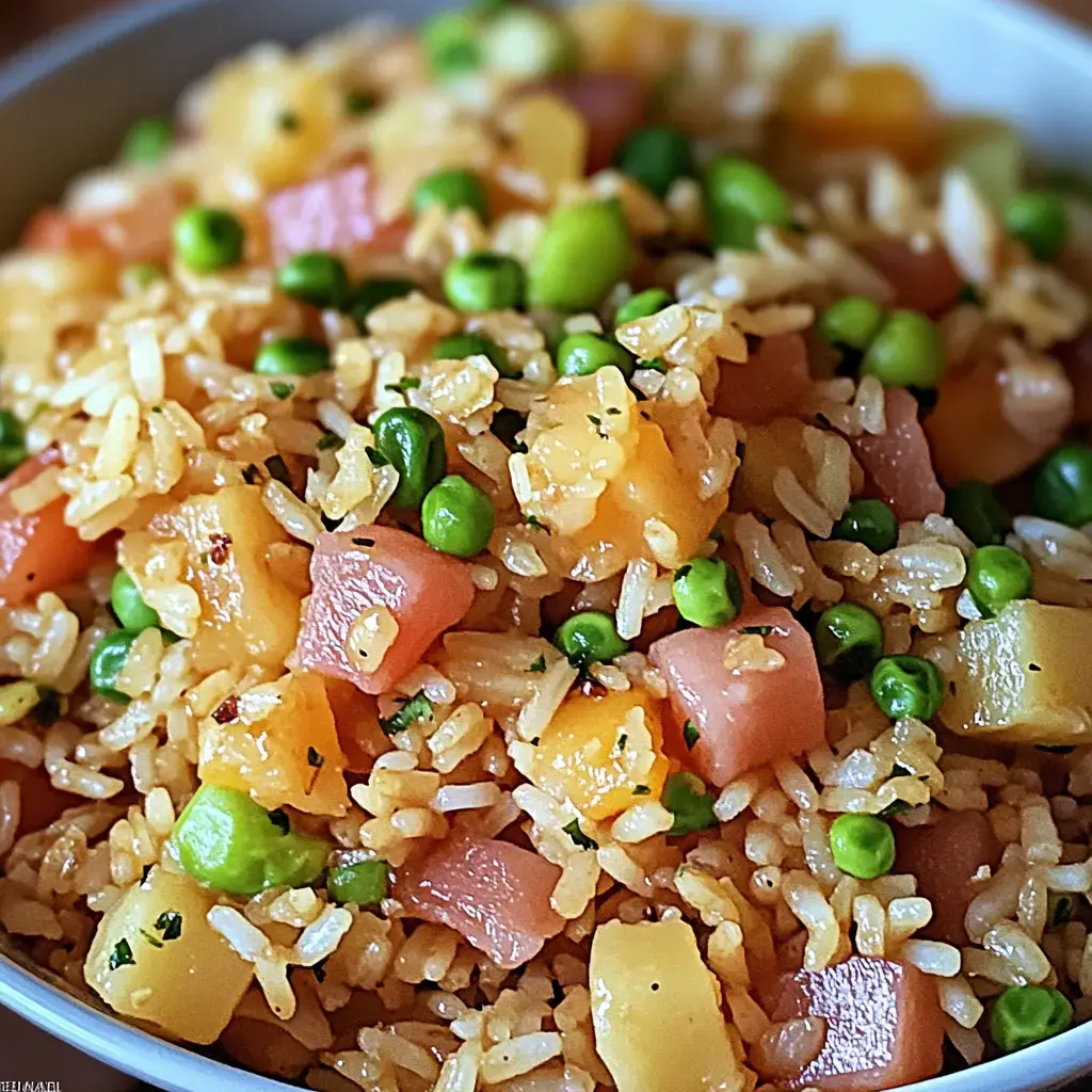 A colorful bowl of rice mixed with diced vegetables and peas.