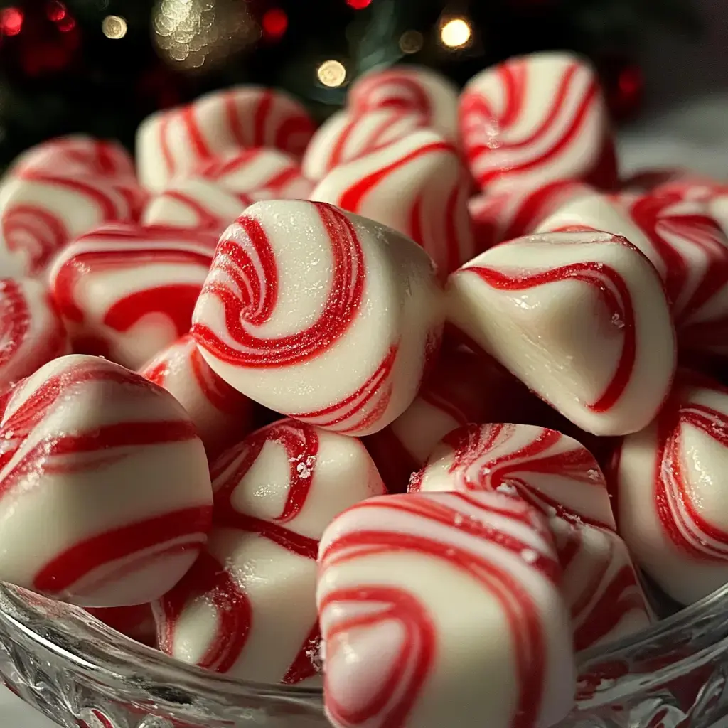 A close-up image of swirled red and white peppermint candies arranged in a clear glass bowl, with festive decorations in the background.