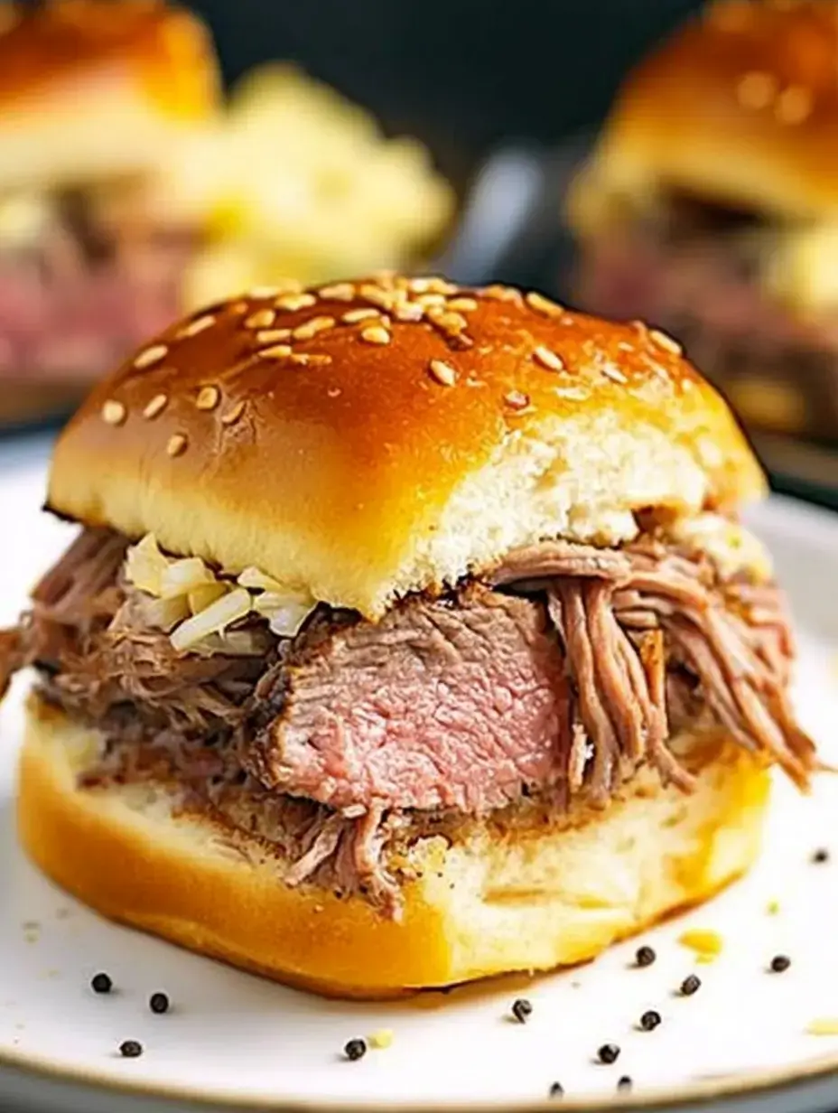 A close-up of a pulled beef sandwich with sesame seed bun, showcasing tender meat and toppings.