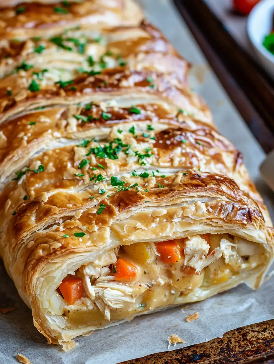 A golden-brown pastry filled with chunks of chicken and colorful vegetables, garnished with chopped parsley.