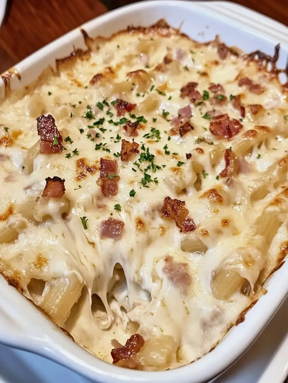 A creamy, baked pasta dish with cheese, topped with crispy bacon and fresh parsley.