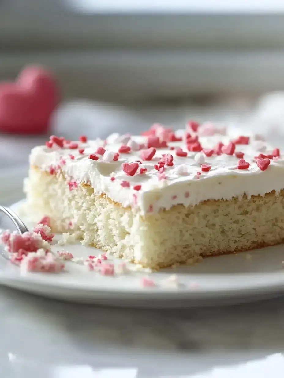 A slice of vanilla cake topped with white frosting and pink heart-shaped sprinkles sits on a plate, with crumbs scattered around.